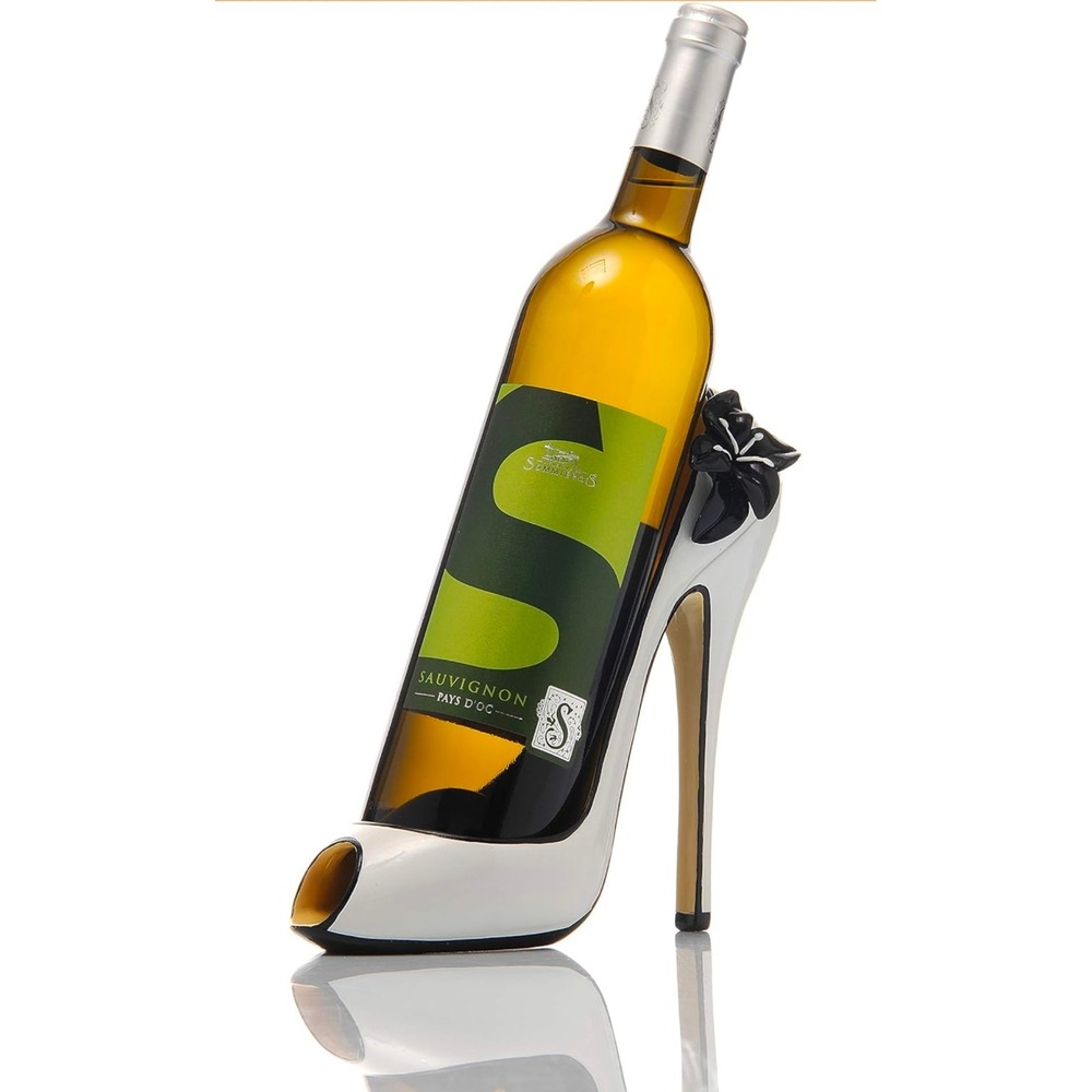 Stiletto High Heel Wine Bottle Holder Peep Toe Shoe White Black Yellow Flower